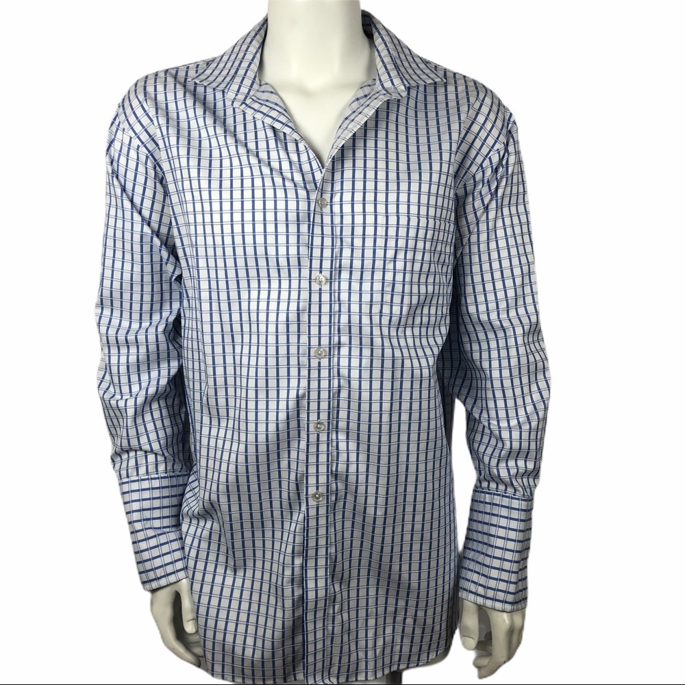 TASSO ELBA Blue/White Plaid Dress Shirt Sz 17 1/2